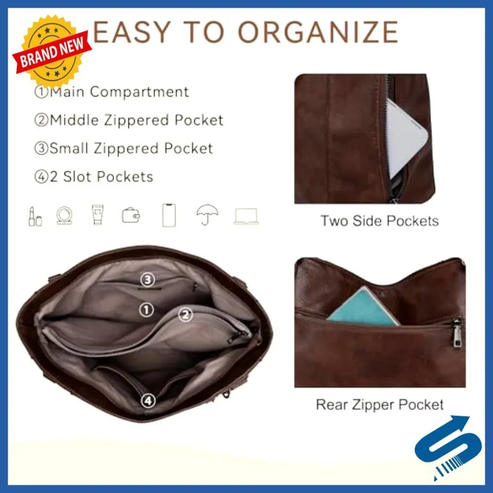 Vegan Leather Hobo Bag Tote with Guitar Strap Multi-Pocket Organization